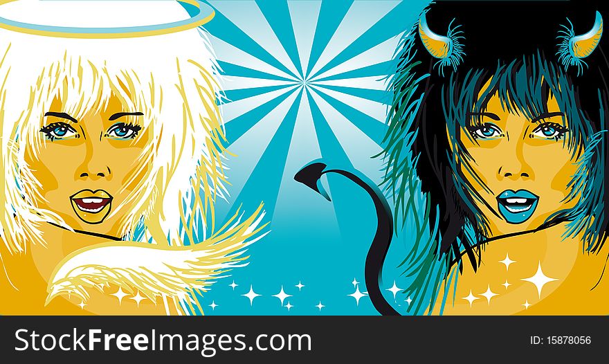 Angel and Devil beautiful Woman portraits with close up face vector background. Angel and Devil beautiful Woman portraits with close up face vector background