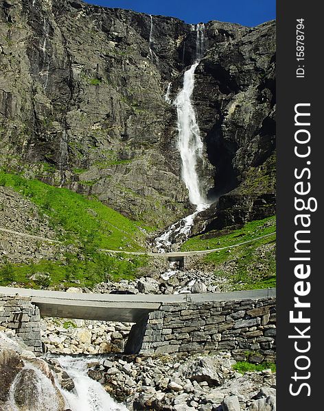 Mountain River With Waterfall In Norway