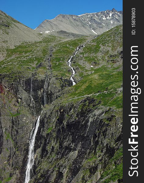 Mountain River With Waterfall In Norway