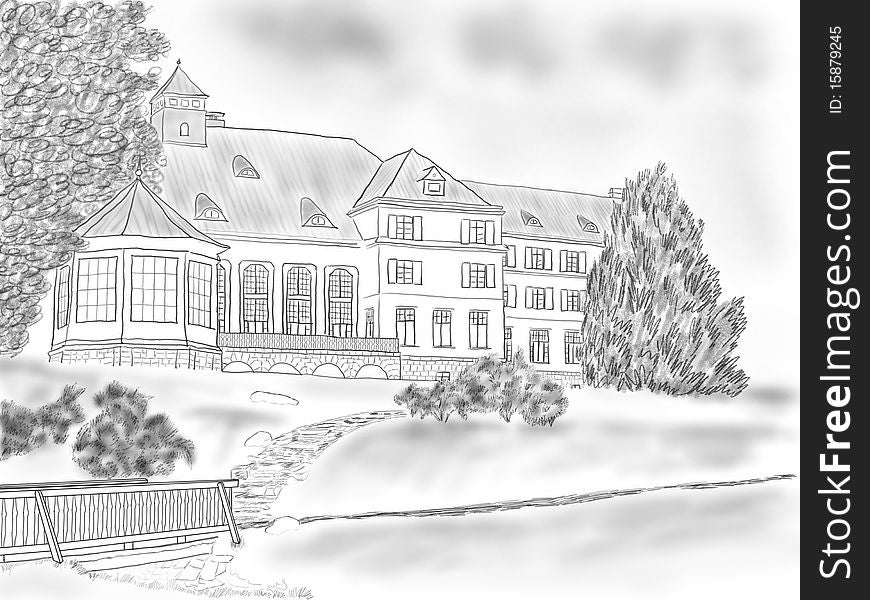This is a big building redrawn from a photo. This building is located in a nice environment among trees. This is a big building redrawn from a photo. This building is located in a nice environment among trees.