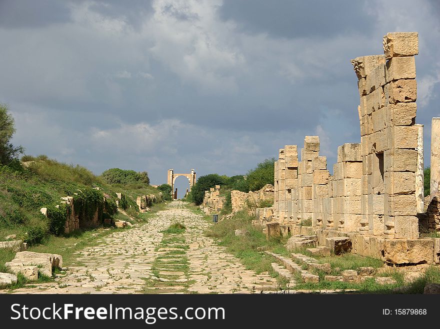 A paved street in the Roman ruins of Leptis Magna, in Libya