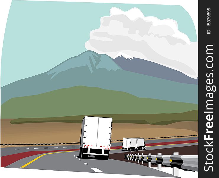 An illustration of two trailer trucks on the intersate