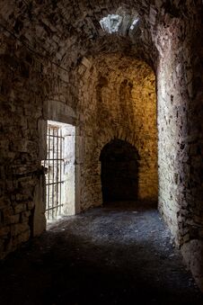 Dark Corridor Ruins Medieval Castle Franchimont, Theux, Liege, Belgium Stock Photography