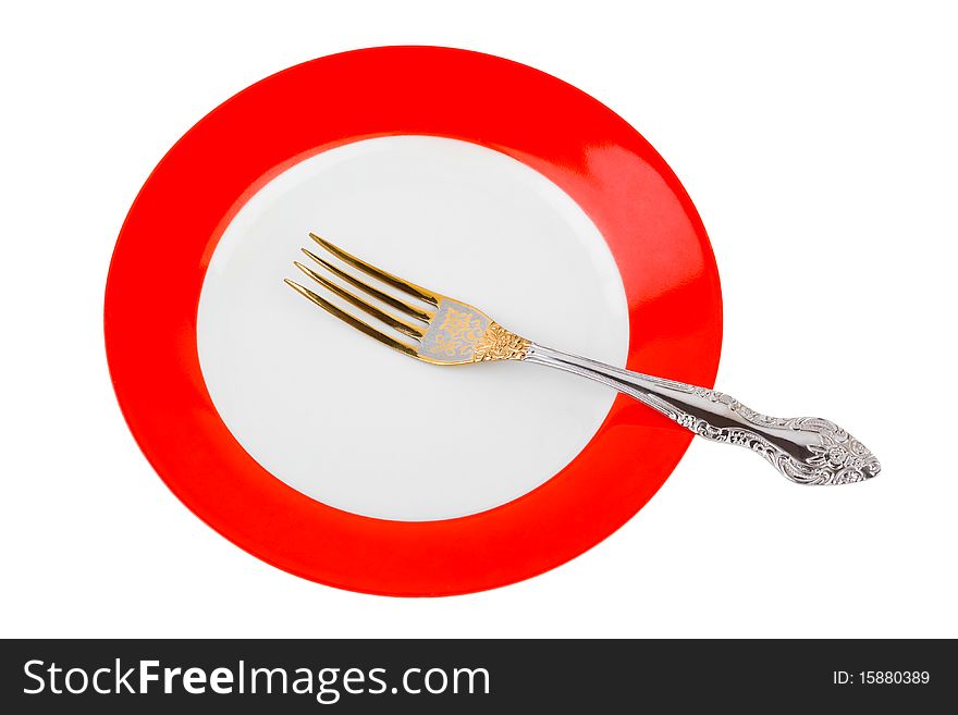 Plate and fork isolated on white background