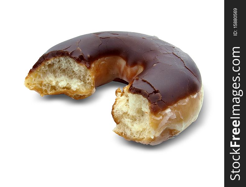 Chocolate Donut with bite taken isolated on a white background.