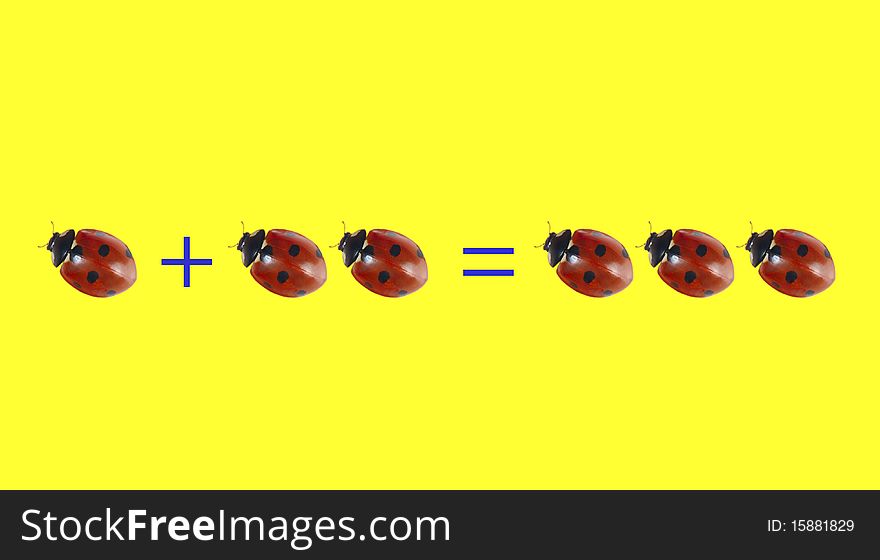 Mathematics equation with ladybugs on the yellow surface. Mathematics equation with ladybugs on the yellow surface.