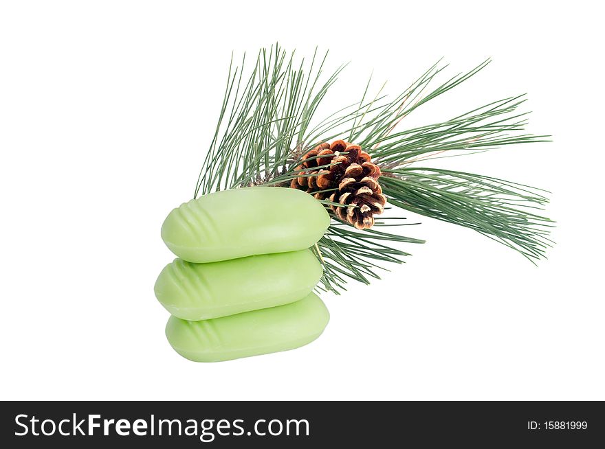 Pine branch with soap on a white background