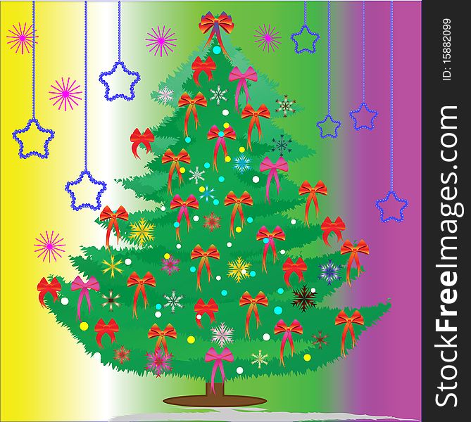 The New Year tree decorated with red bows. Vector illustration