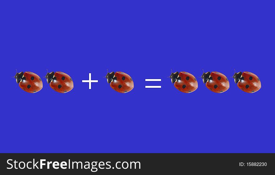 Mathematics equation with ladybugs on the blue surface. Mathematics equation with ladybugs on the blue surface.