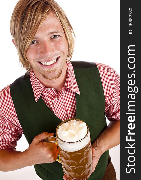 Man  holds oktoberfest beer stein and looks happy into camera. Isolated on white background. Man  holds oktoberfest beer stein and looks happy into camera. Isolated on white background.