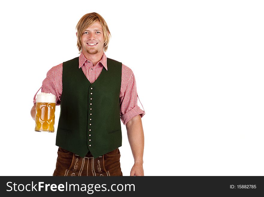 Bavarian man with leather trousers (lederhose) holds oktoberfest beer stein in hand. Isolated on white background. Bavarian man with leather trousers (lederhose) holds oktoberfest beer stein in hand. Isolated on white background.