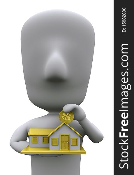 A 3D illustration of a person saving to buy a house. A 3D illustration of a person saving to buy a house