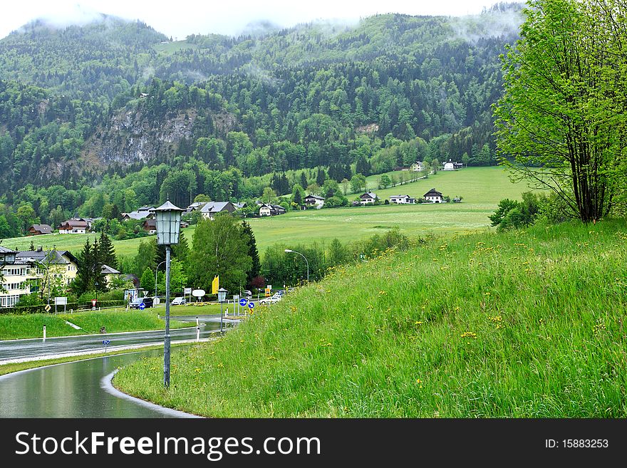 A small village after raining,under the Alps moutain ,Austria,Europe.