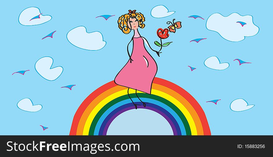 Banner with girl on the rainbow in the sky