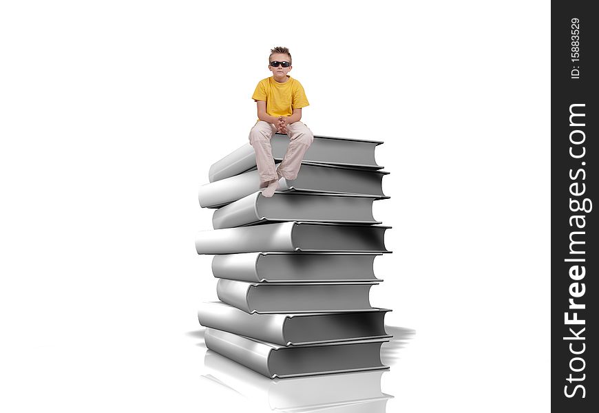Boy sit on top of pile of white books