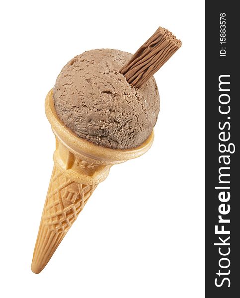 Single chocolate ice cream cone with flake