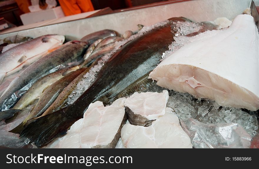 Detailed view of fish displayed at a fish market in Bergen. Detailed view of fish displayed at a fish market in Bergen