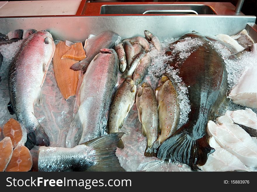 Fish on ice counter in market