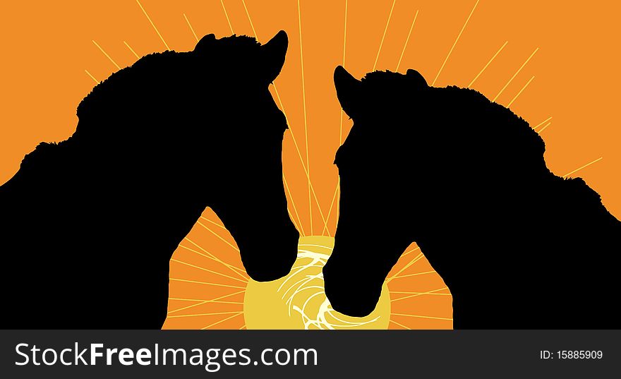 Couple of horses with sun background