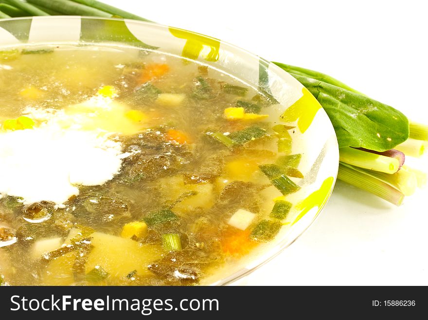 Green soup, sorrel and chives isolated on a white background. Green soup, sorrel and chives isolated on a white background