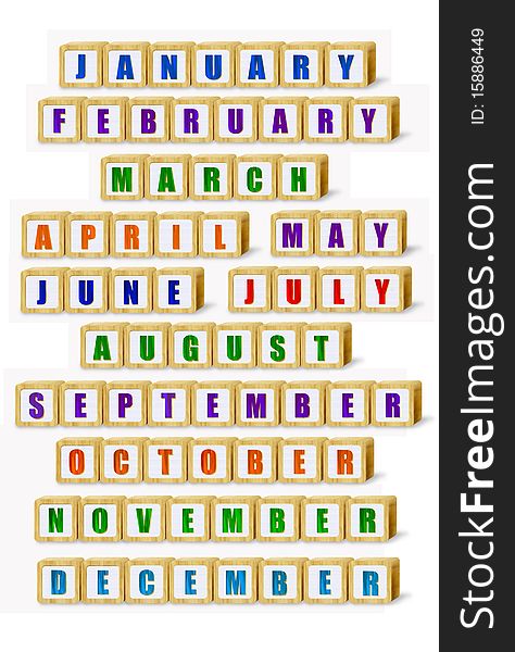 Digital illustration of Months spelled out in wood building blocks isolated on white. Digital illustration of Months spelled out in wood building blocks isolated on white.