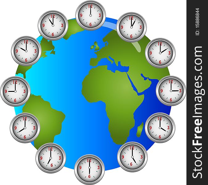 Collection of clocks showing each hour of the day circling a globe illustration. Collection of clocks showing each hour of the day circling a globe illustration