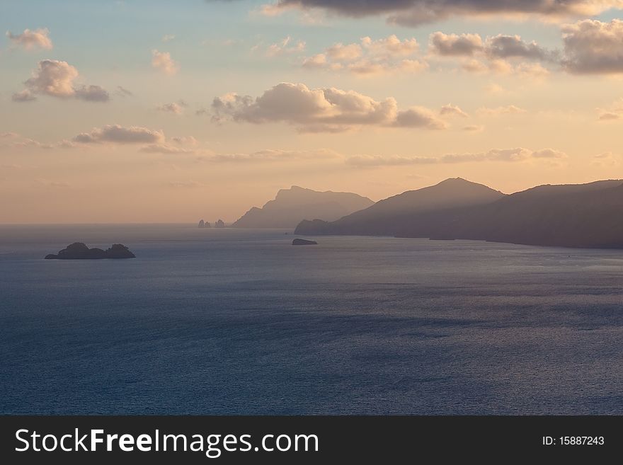 Sunset on the Sorrento Peninsula section of the Amalfi Coast. Sunset on the Sorrento Peninsula section of the Amalfi Coast