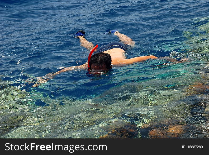 A man snorkeling in the blue sea