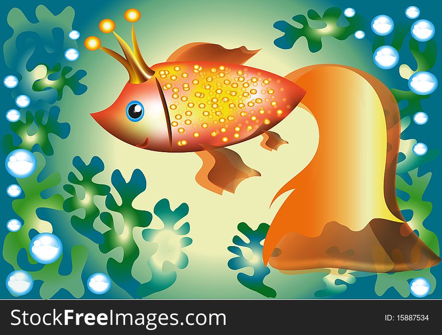 Gold fish with crown under the water. Gold fish with crown under the water.