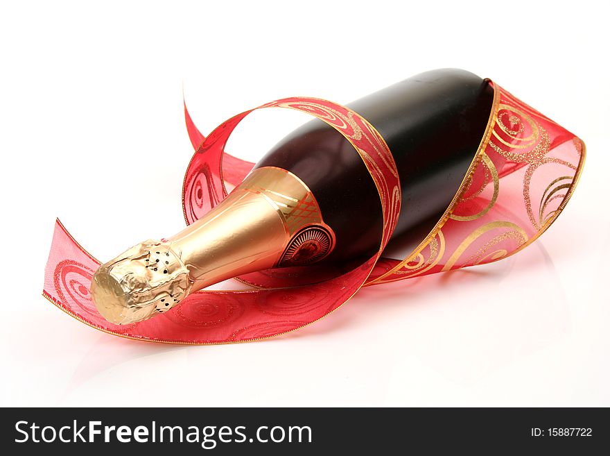 Champagne and tape on a white background