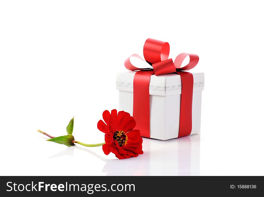 Gift box and red flower close up