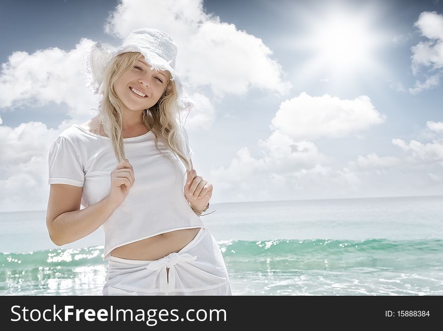 Portrait of nice young woman  having good time on tropical beach. Portrait of nice young woman  having good time on tropical beach