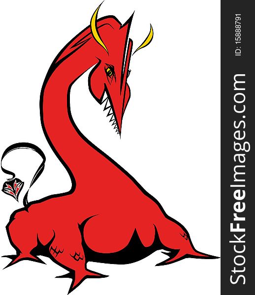 Illustration of red dragon with decorative tail