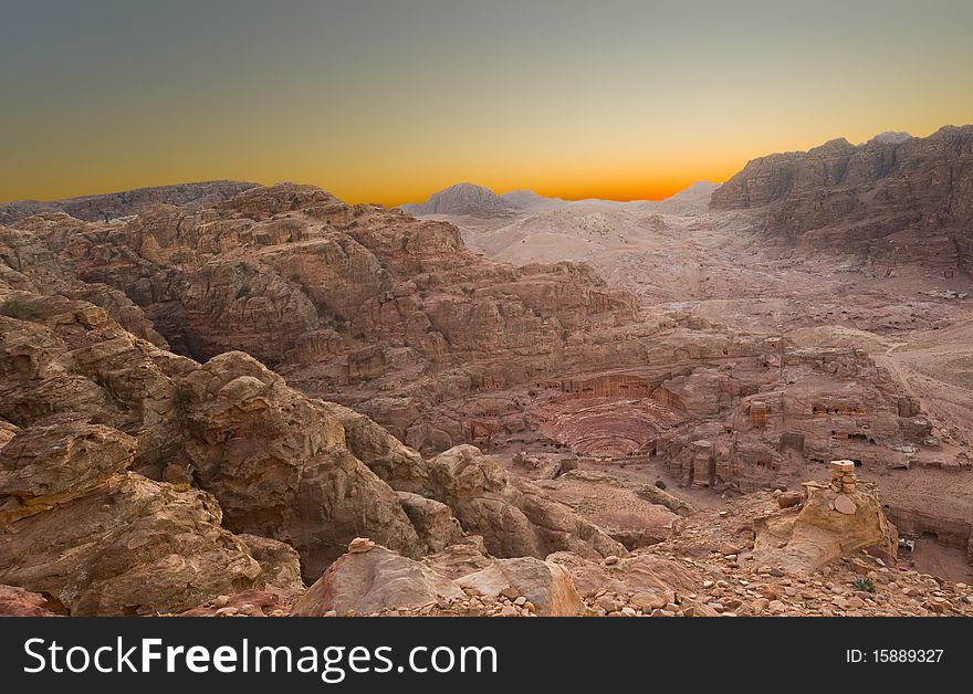 Orange sunrise in Jordan desert rocks near Petra. Orange sunrise in Jordan desert rocks near Petra