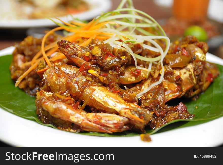 Prawn fried with chilies served in a Sundanese restaurant
