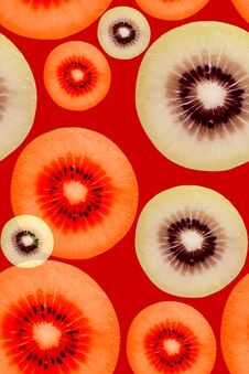 Creative Seamless Hypnotic Pattern Of Kiwi Slice In Bold Neon Colors On Red Or Scarlet Background In Pop-art Style Stock Photography Creative Seamless Hypnotic Pattern Of Kiwi Slice In Bold Neon Colors On Red Or Scarlet Background In Pop-art Style Stock Photography