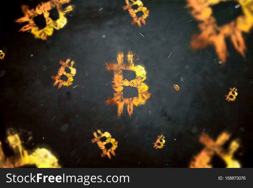 Burning symbol of Bitcoin floating in space. Conception of risk management in money trading at currency market