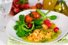 Roasted Prawns With Salad Of Corn Salad,radish,Che Royalty Free Stock Photography Roasted Prawns With Salad Of Corn Salad,radish,Che Royalty Free Stock Photography