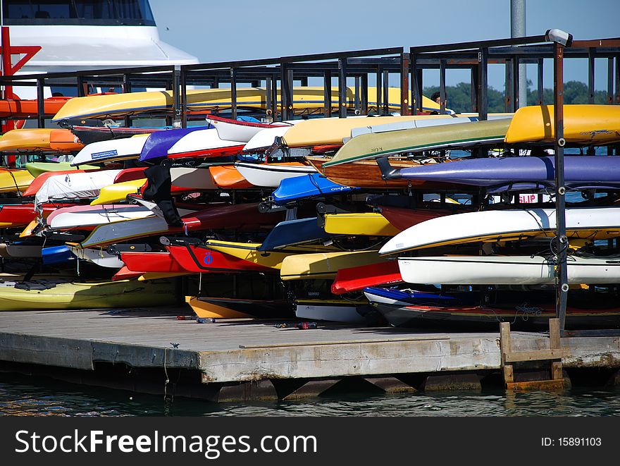 Kayaks on the waterfront of the lake Ontario