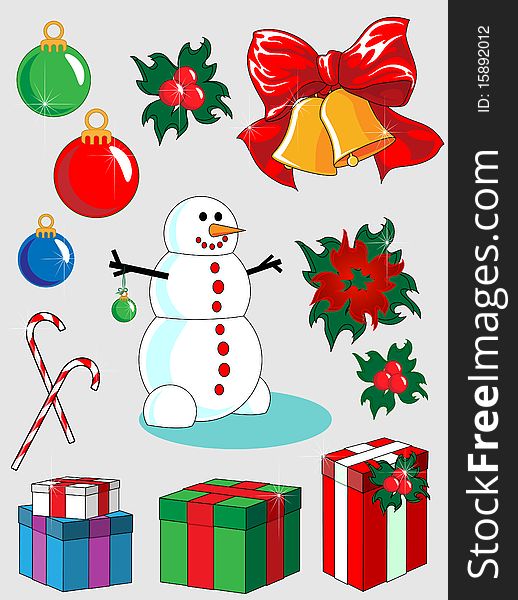 Vector set of Chritmas and New Year decorations plus cheerful snowman. All objects are grouped independently. Vector set of Chritmas and New Year decorations plus cheerful snowman. All objects are grouped independently.