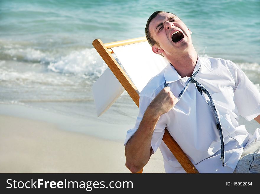 Tired businessman on sea background