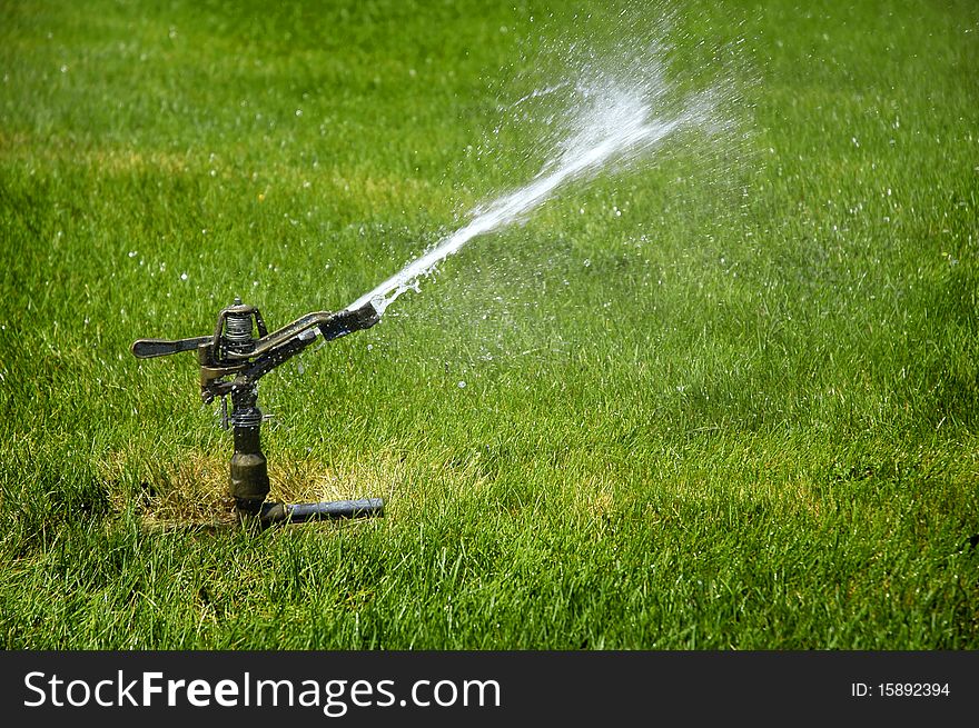 Sprinkler spraying stream of water on lush green grass. Sprinkler spraying stream of water on lush green grass