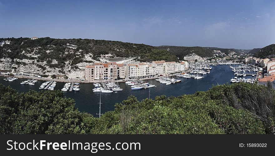 France, Corsica, Bonifacio, panoramic view of the town and the port