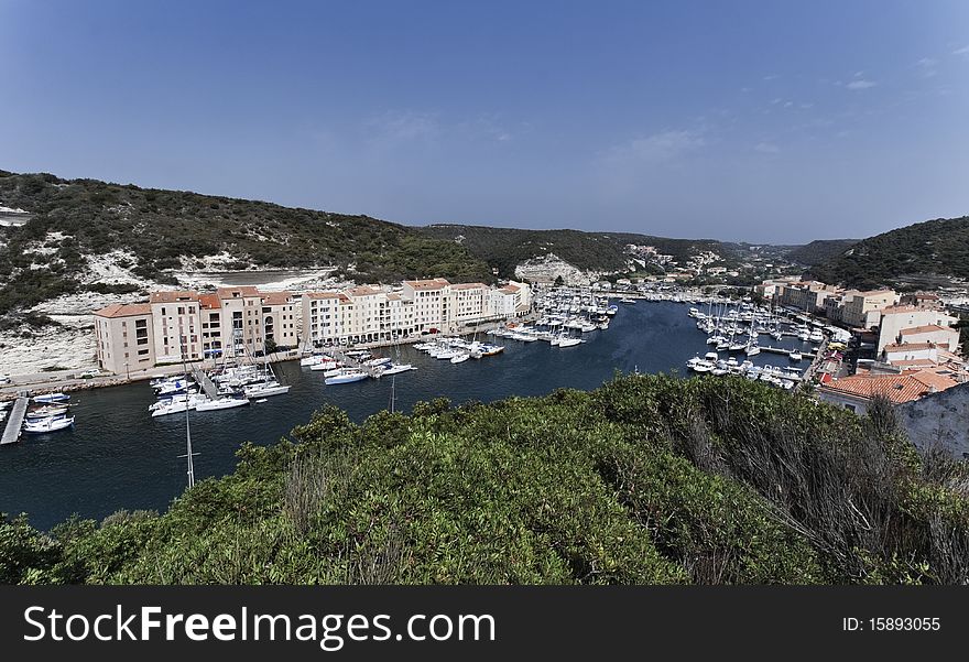 France, Corsica, Bonifacio, panoramic view of the town and the port