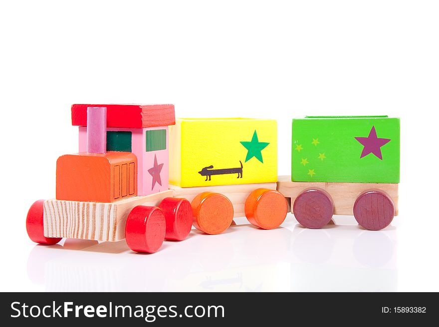 A colorfol wooden toytrain isolated over white