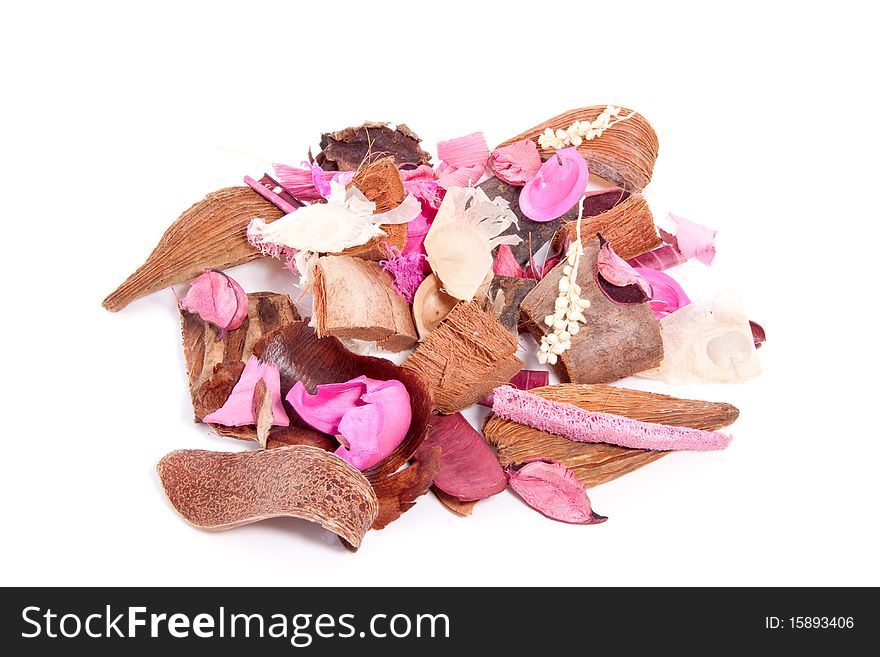 Colorful aromatic pink and brown potpourri isolated over white. Colorful aromatic pink and brown potpourri isolated over white
