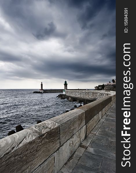 France, Corsica, Bastia, view of the port light and the port entrance