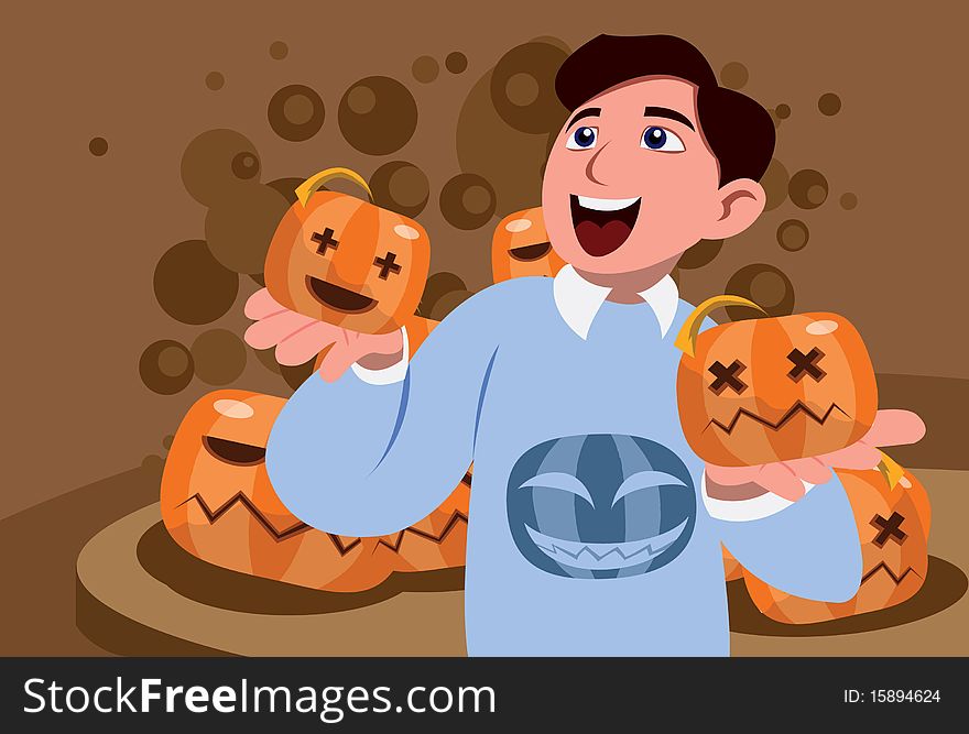 Image of a man who is happy with pumpkin on Halloween. Image of a man who is happy with pumpkin on Halloween.