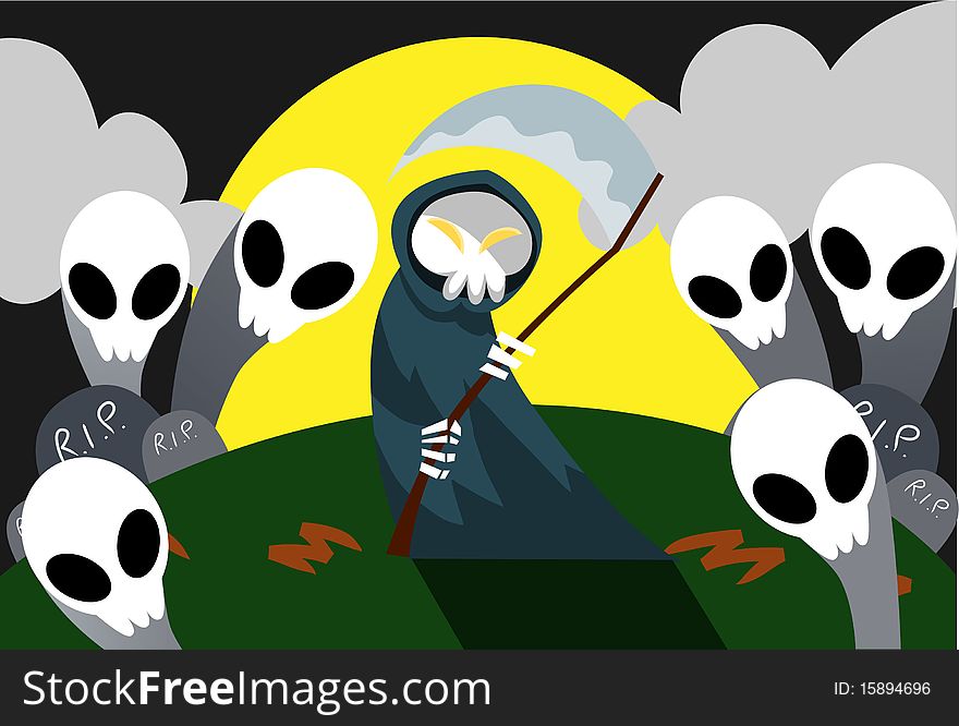 Image of a grim reaper which collects the spirits haunting on Halloween night. Image of a grim reaper which collects the spirits haunting on Halloween night.