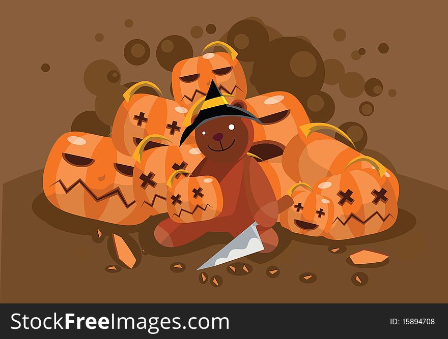 Image of a teddy bear who is carving pumpkin on Halloween night. Image of a teddy bear who is carving pumpkin on Halloween night.
